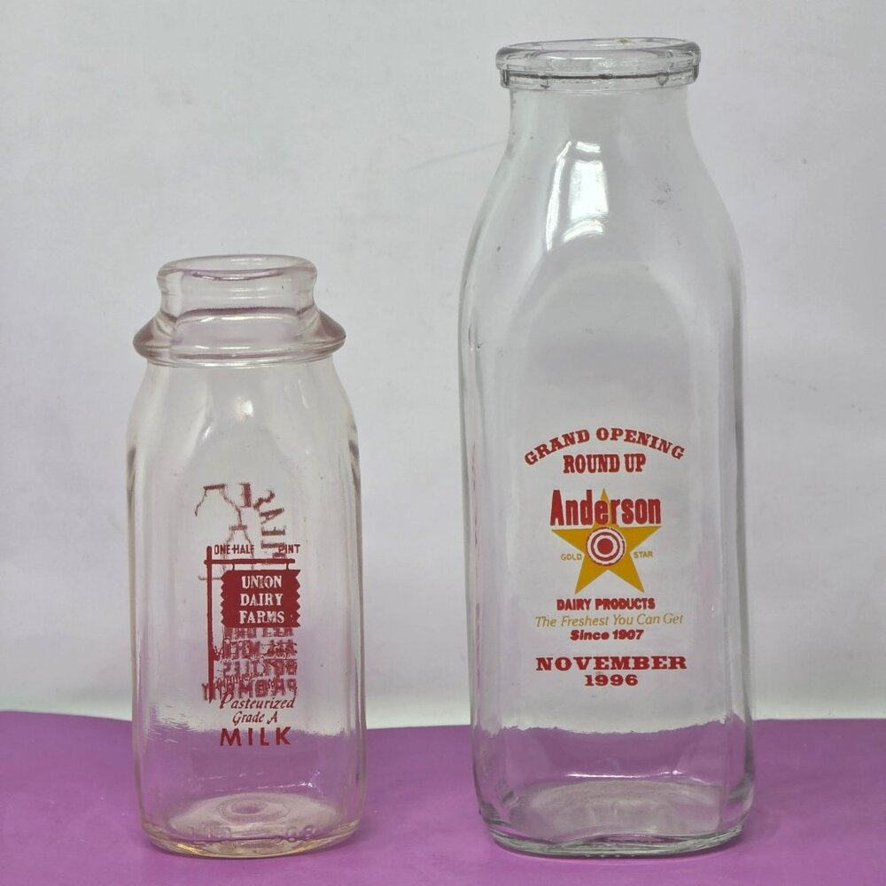 Vintage Glass Milk Bottles 1 Anderson Dairy Farms 1 Union Dairy Farms Red Print‎